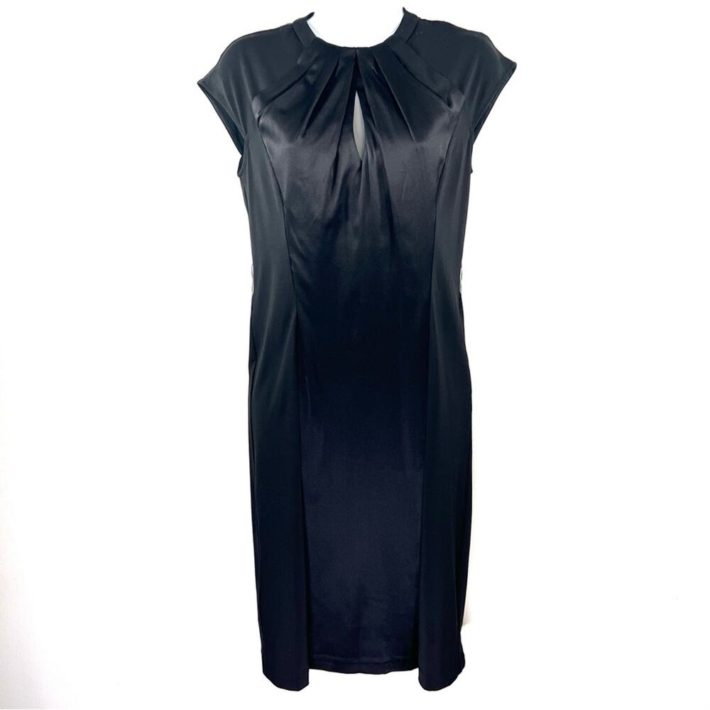 BCBGMAXAZRIA Black Satin Midi Shift Dress Size 4 Silk Panel Shift LBD Cap Sleeve
